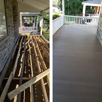 Narberth front porch during and after rebuild of the framing and flooring