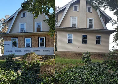 Before and after of an open porch with three pillars enclosed into living space